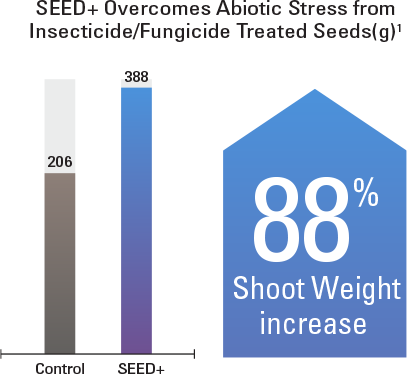 SEED+ overcomes abiotic stress from insecticide/fungicide treated seeds. It resulted in an 88% increase in shoot weight.