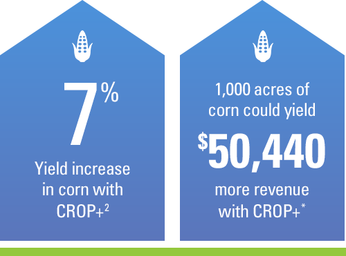 7% yield increase in corn with CROP+. 1,000 acres of corn could yield $50,440 ROI with CROP+.